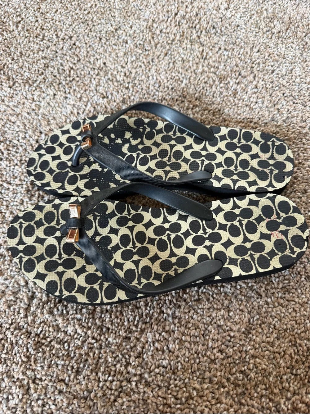 COACH Womens Signature Monogram Flip Flops Black White Gold Hardware